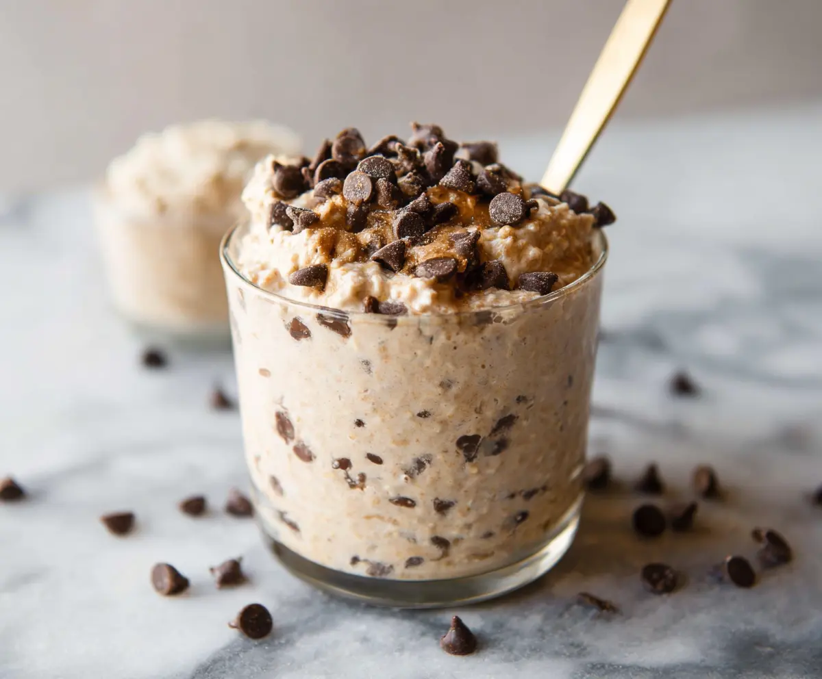 Delicious Cookie Dough Overnight Oats in a glass jar topped with chocolate chips and sprinkles