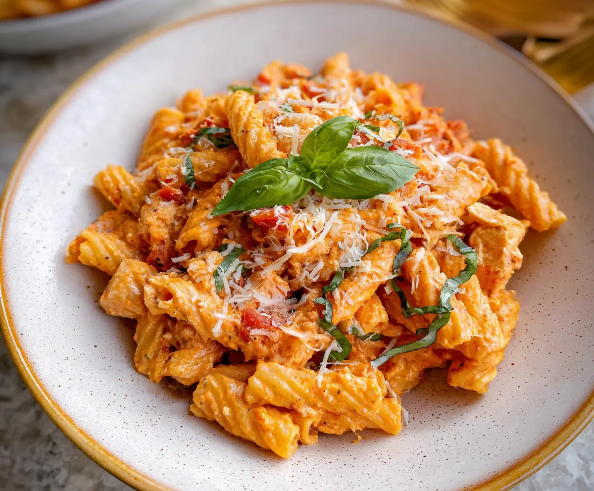 Creamy cottage cheese and tomato pasta served on a plate, garnished with fresh herbs for a delicious meal.