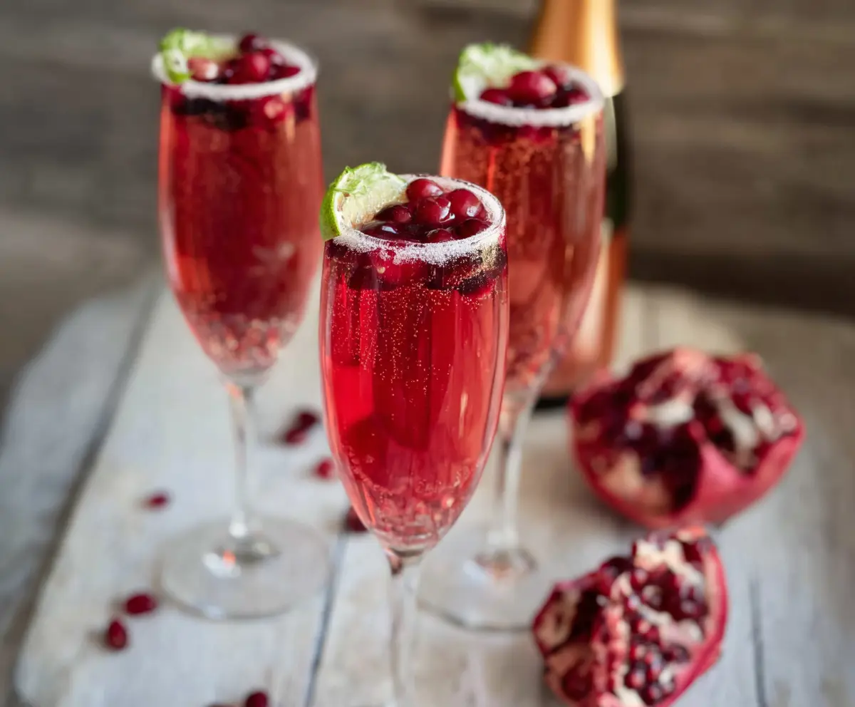 Cranberry Prosecco Pomegranate Cocktail served in a crystal glass garnished with fresh cranberries and pomegranate seeds.