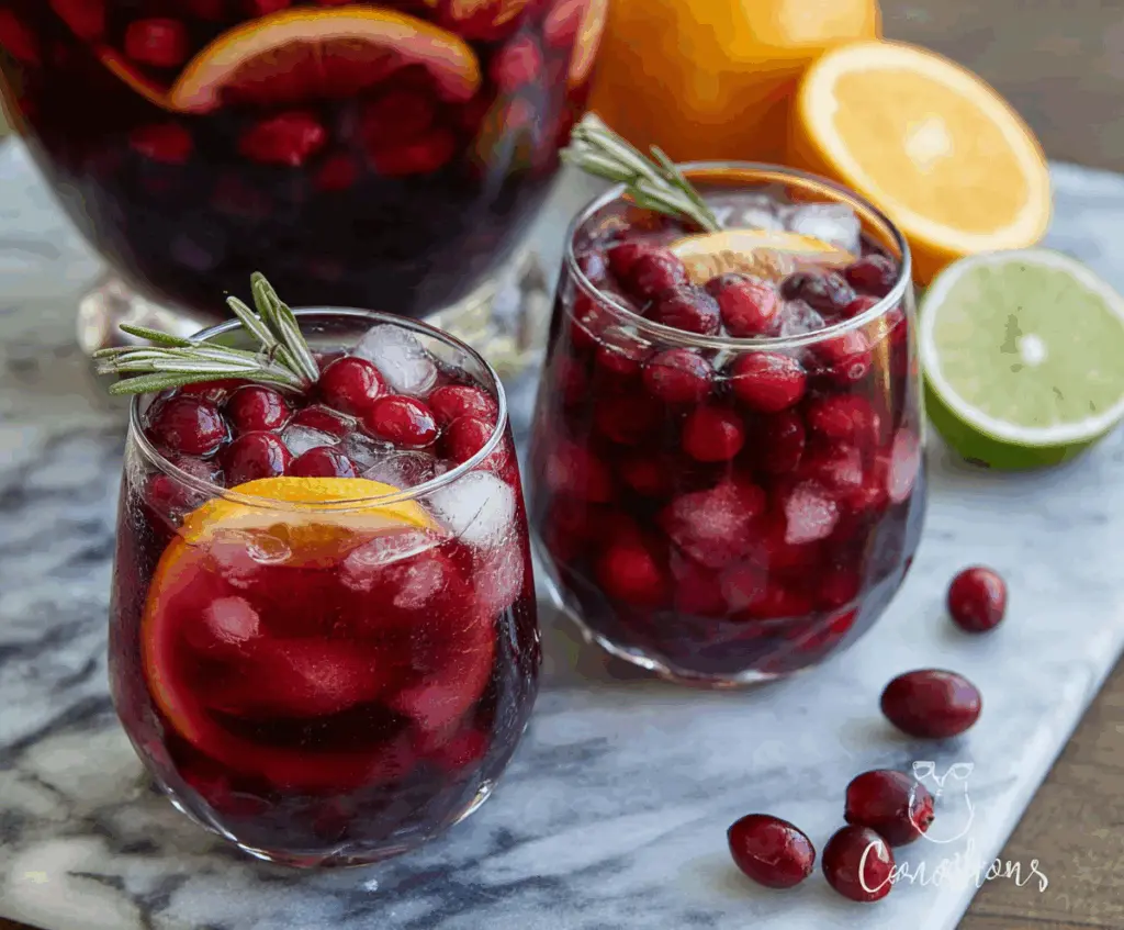 Refreshing cranberry sangria in a glass with fresh cranberries and orange slices, perfect for holiday parties.