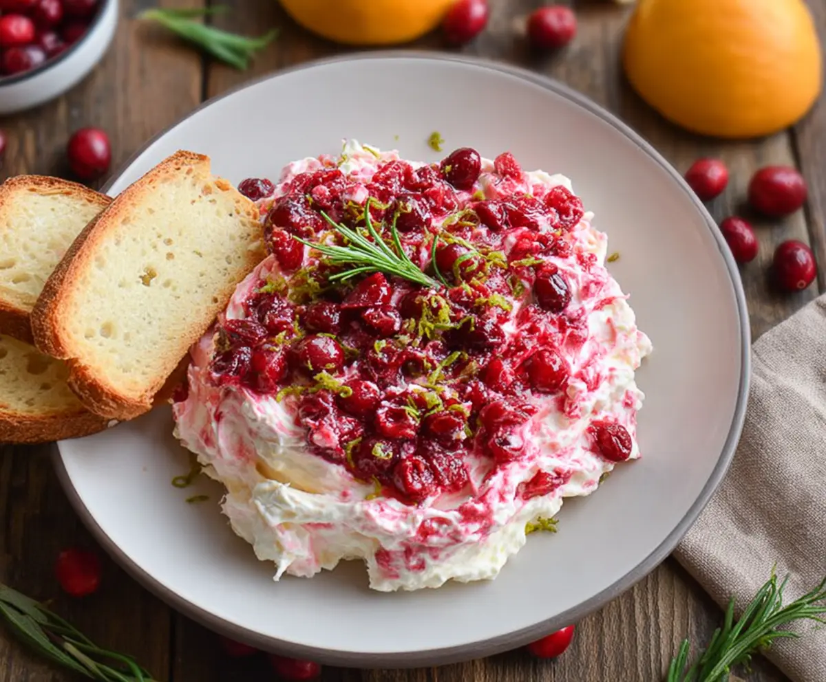 Creamy cranberry whipped feta dip garnished with fresh herbs, perfect for appetizer or party snack.