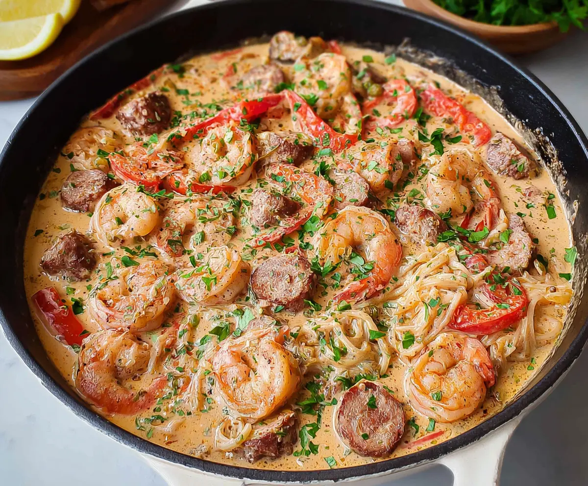 Delicious creamy Cajun shrimp and sausage served on a plate with fresh herbs