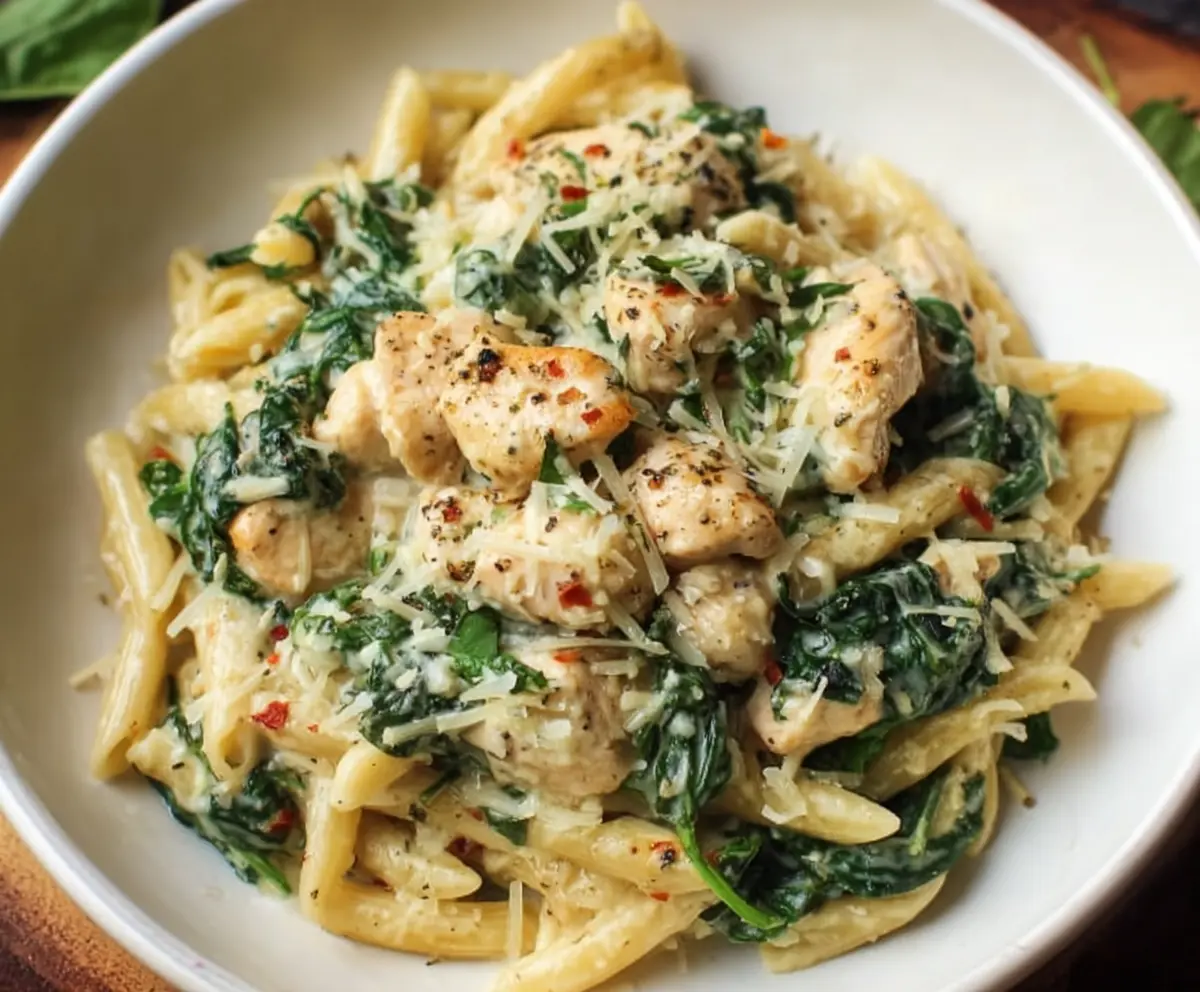 Creamy chicken spinach pasta served in a white bowl, garnished with fresh herbs, showcasing a delicious and creamy Italian-style dish.