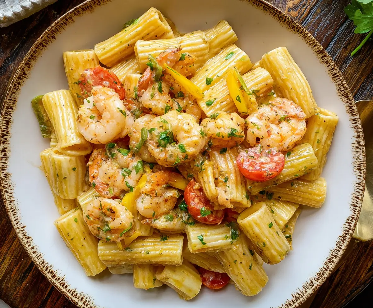 Delicious creamy Jamaican Shrimp Rasta Pasta with vibrant vegetables and tender shrimp on a plate.