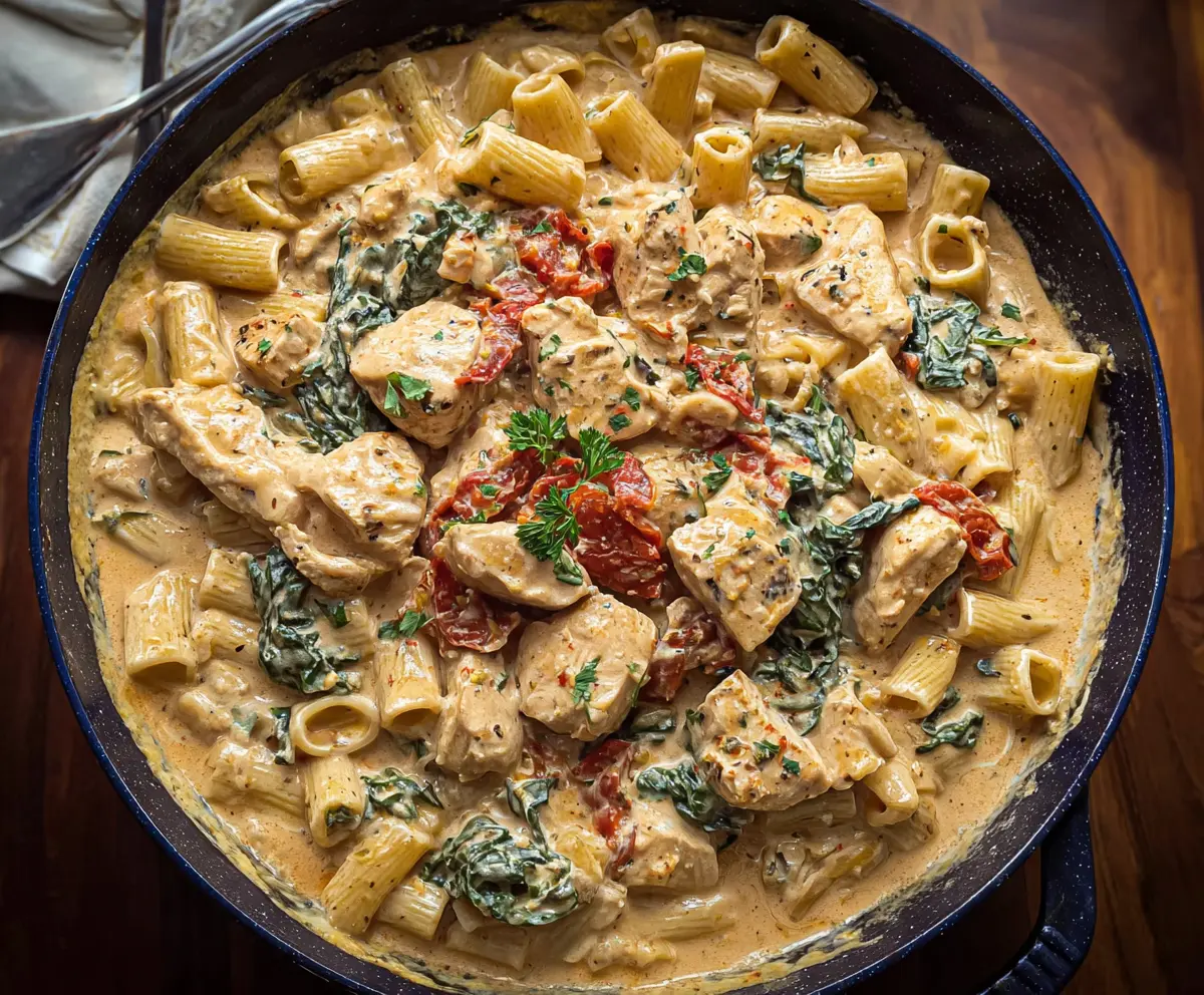 Creamy Tuscan Chicken Pasta with fresh basil and cherry tomatoes on a white plate