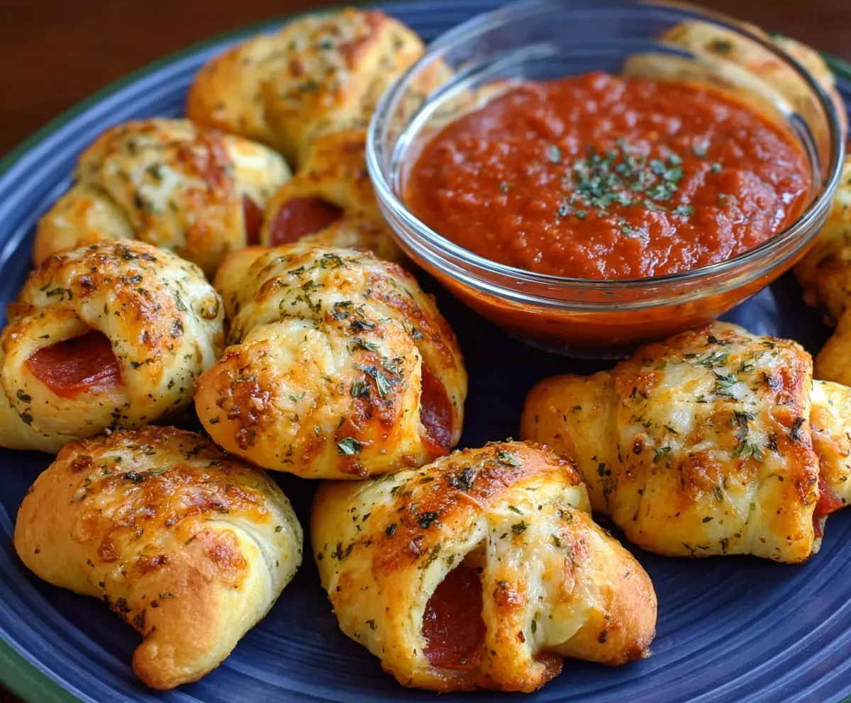 Crispy crescent pizza rolls filled with cheese and pepperoni on a serving plate.