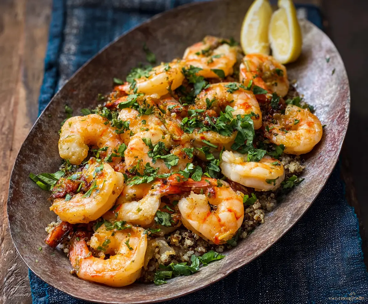 Delicious Cuban Mojo Shrimp served with fresh herbs and lemon wedges