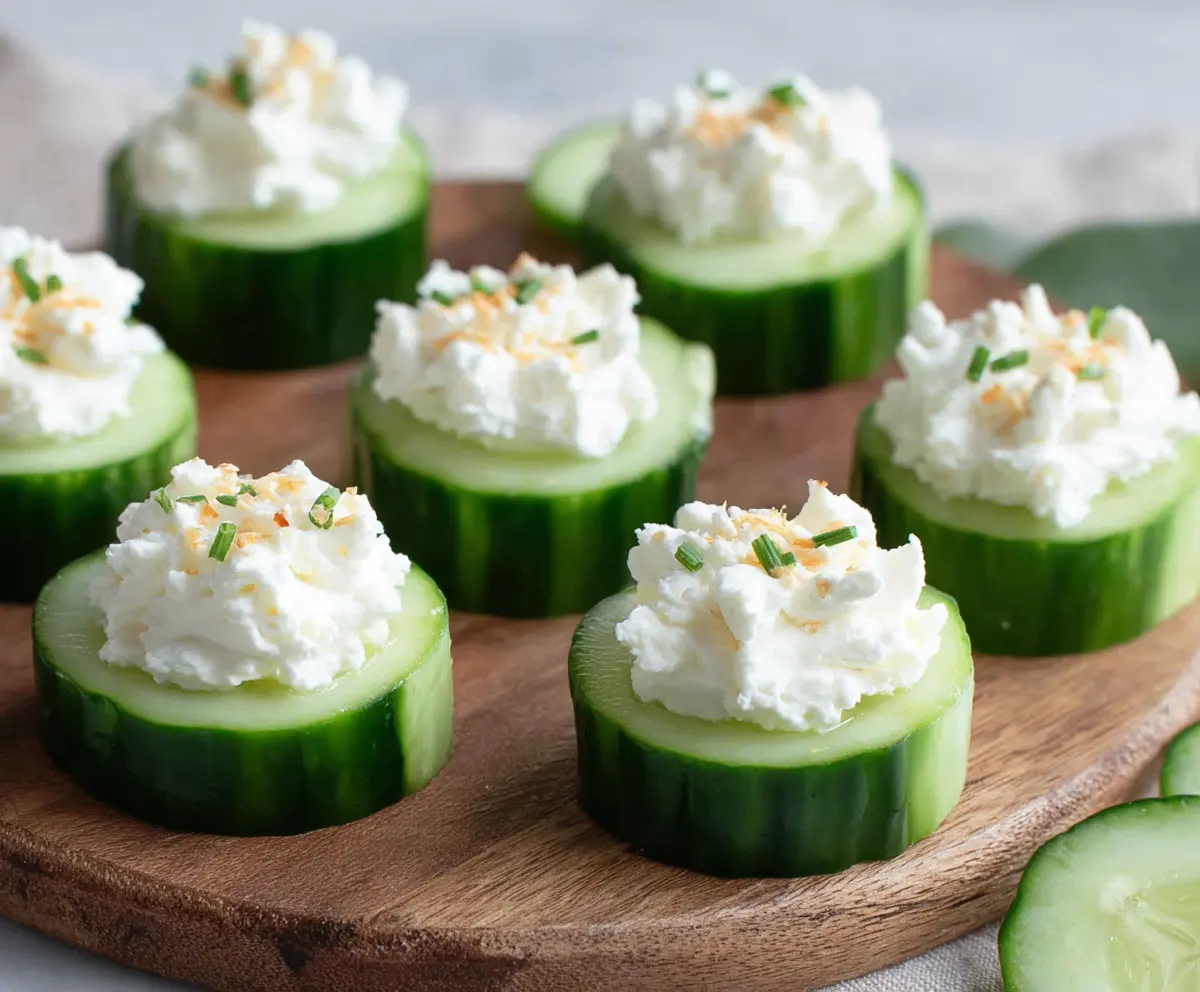 Delicious cucumber and cream cheese bites garnished with herbs, perfect for appetizers.