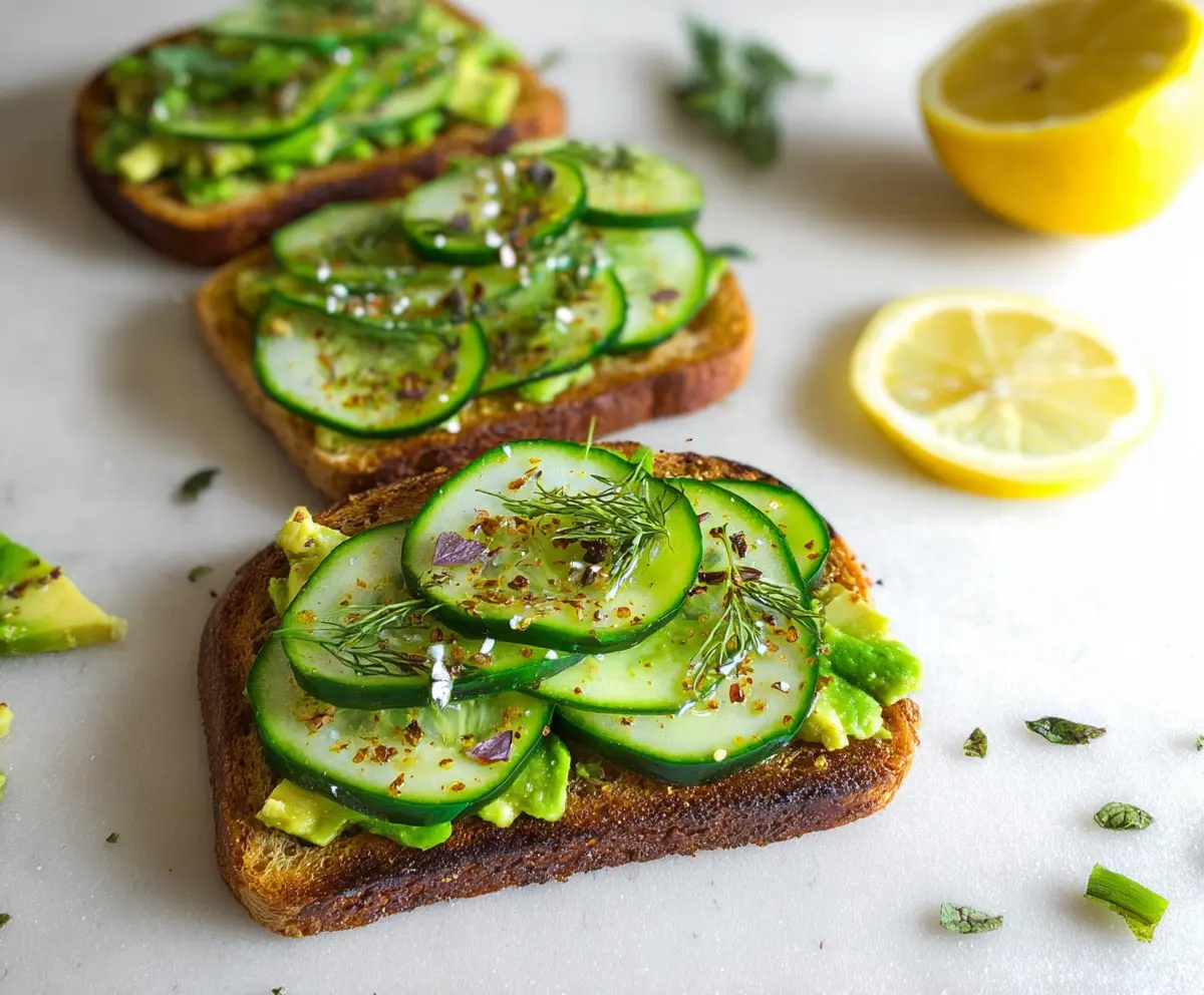 Healthy cucumber and avocado toast with fresh herbs on a white plate