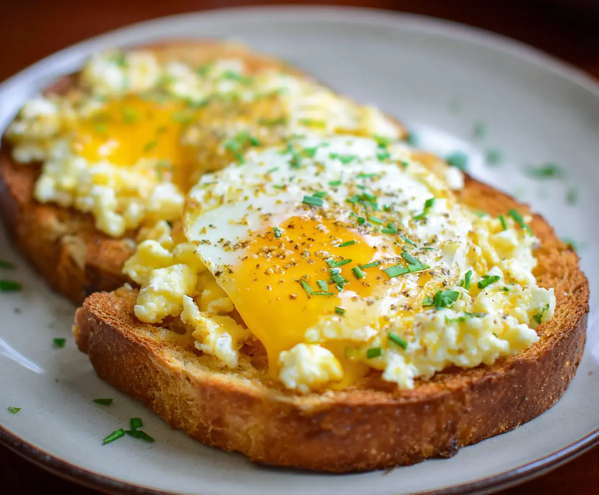 Delicious crispy egg toast topped with fresh herbs on a rustic plate