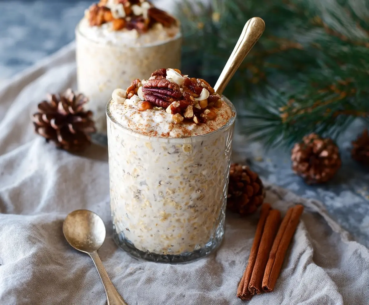 Creamy Eggnog Overnight Oats with cinnamon and nutmeg topping in a glass jar