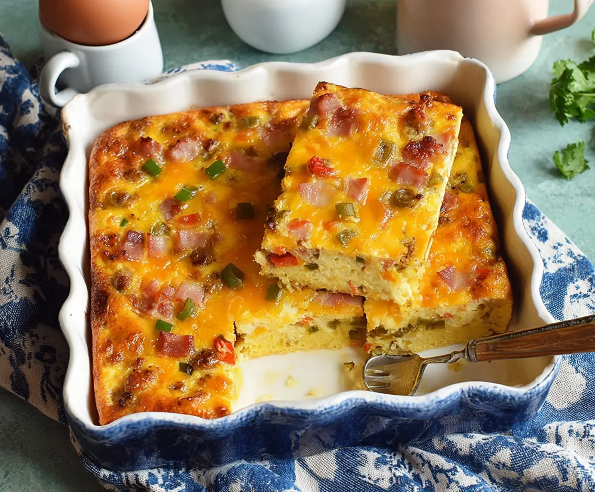 Hearty Farmer's Breakfast Casserole with eggs, vegetables, and cheese in a baking dish.