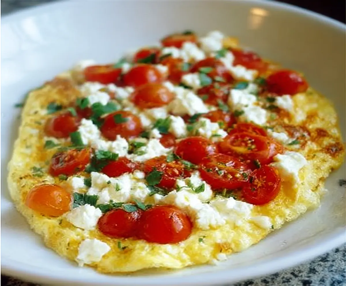 Delicious feta and tomato omelet on a plate, perfect for a healthy breakfast.