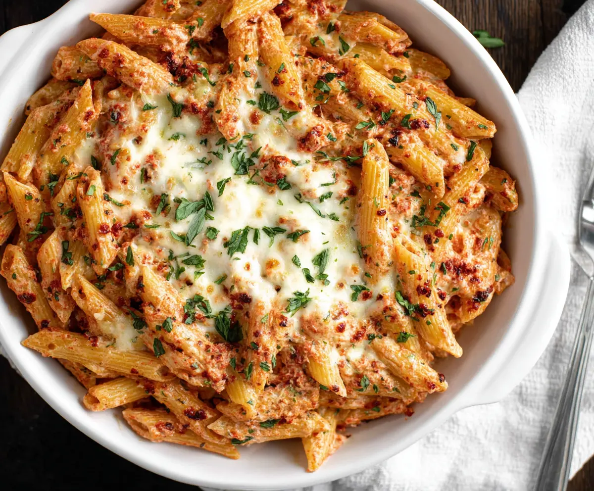 Creamy four cheese pasta dish with melted cheese and herbs, served on a white plate.