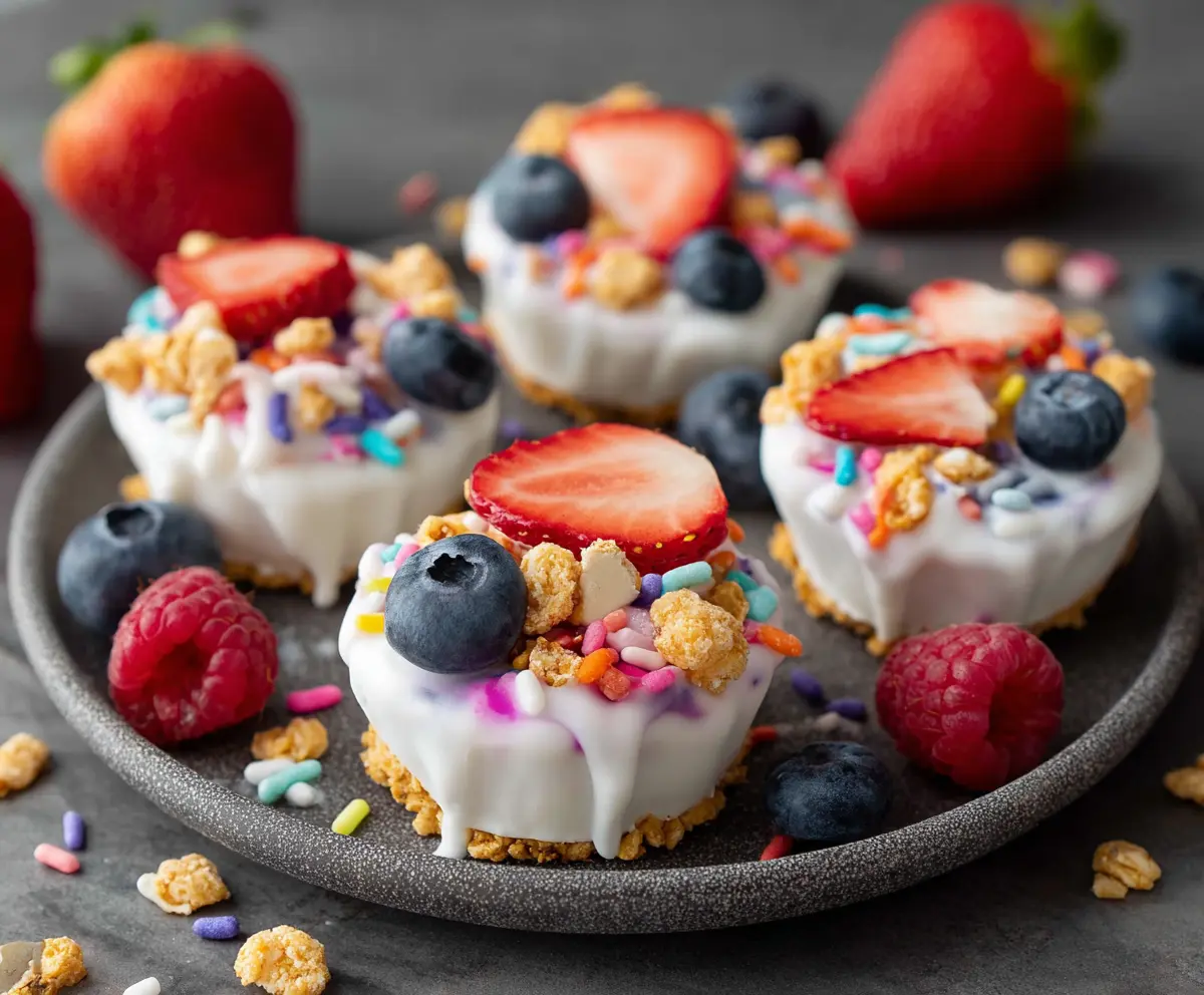 Delicious homemade frozen yogurt bites with colorful toppings on a white plate.