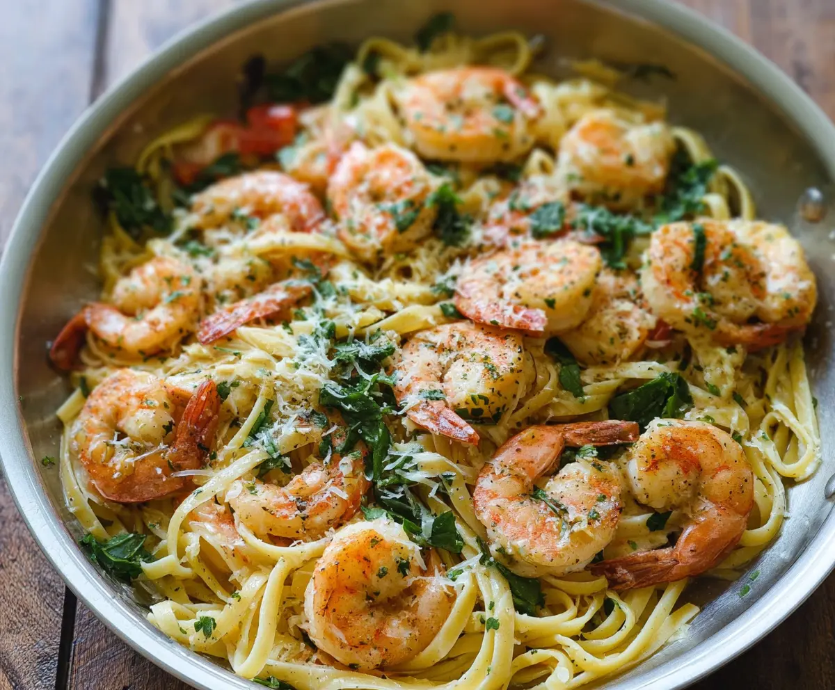 Creamy garlic butter shrimp pasta served in a white bowl with fresh herbs.