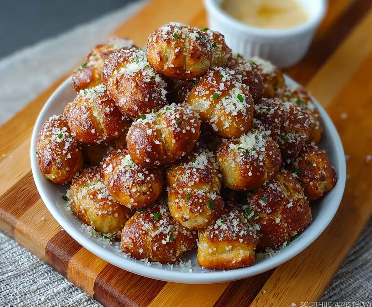 Golden garlic Parmesan pretzel bites served on a plate, garnished with parsley.