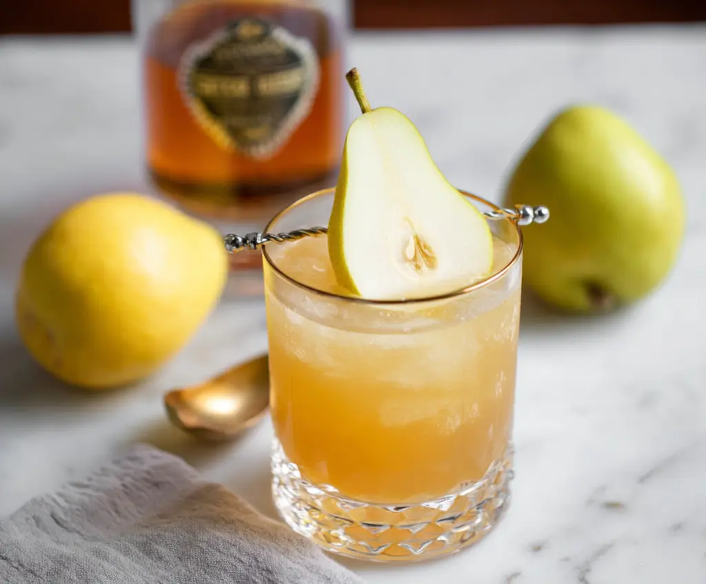 Refreshing Ginger Pear Bourbon Cocktail in a glass with fresh ginger and pear garnishes