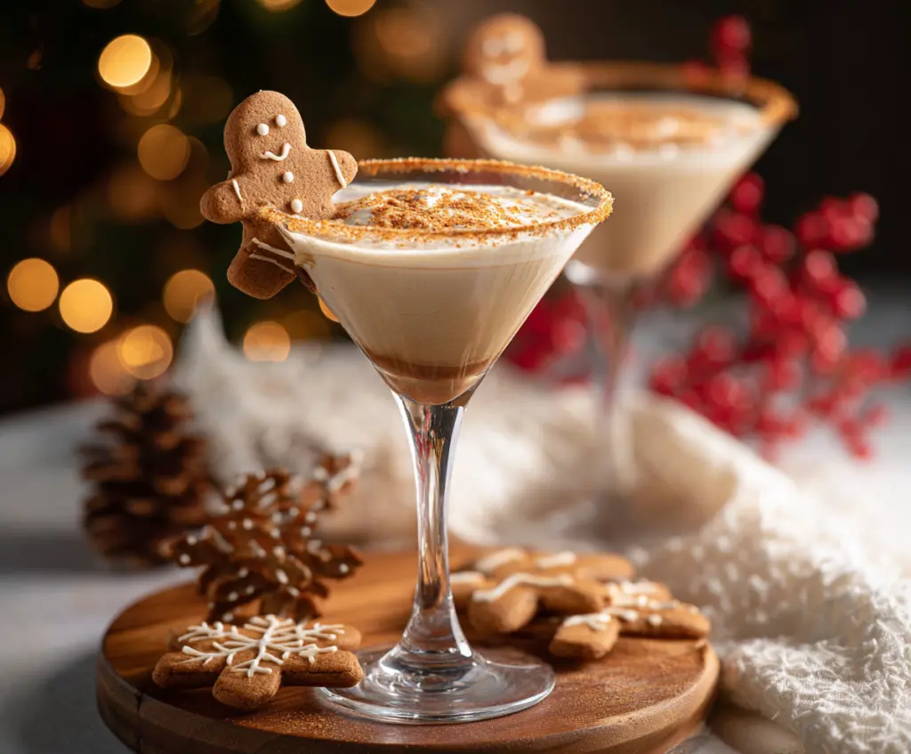 Delicious Gingerbread Martini cocktail garnished with cinnamon stick and whipped cream on a festive plate.