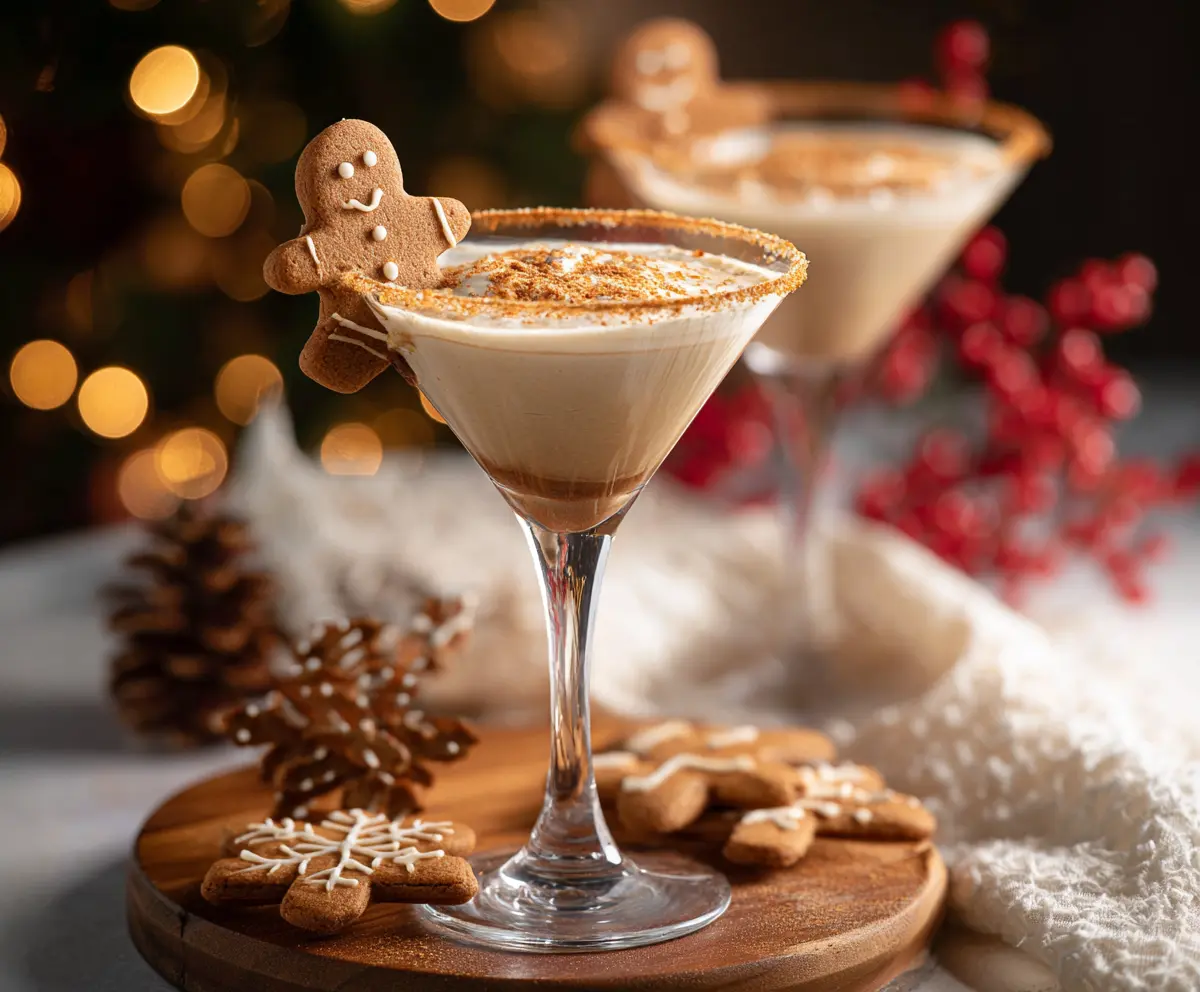 Delicious Gingerbread Martini cocktail garnished with cinnamon stick and whipped cream on a festive plate.