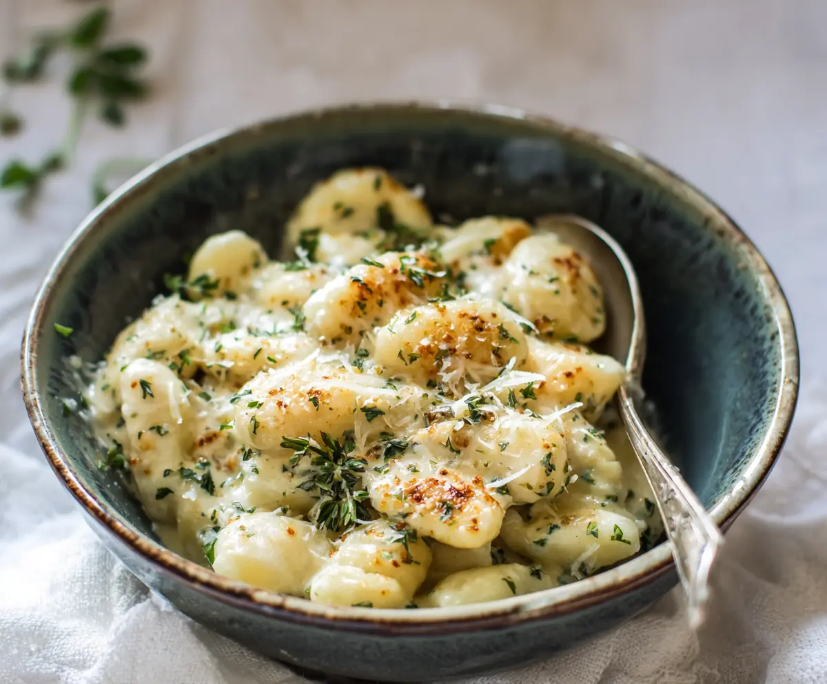 Creamy Gnocchi Alfredo served with fresh herbs on a white plate.