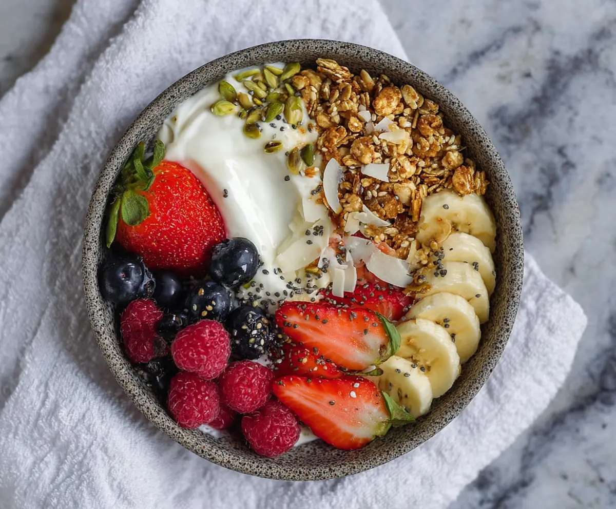 Healthy Greek Yogurt Protein Bowl topped with fresh fruits and nuts