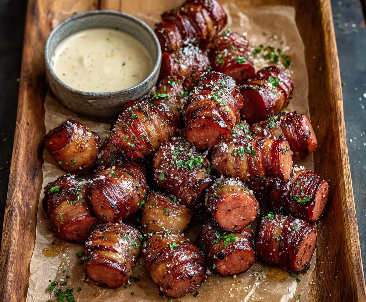 Delicious Hasselback Kielbasa Bites garnished with herbs on a savory plate