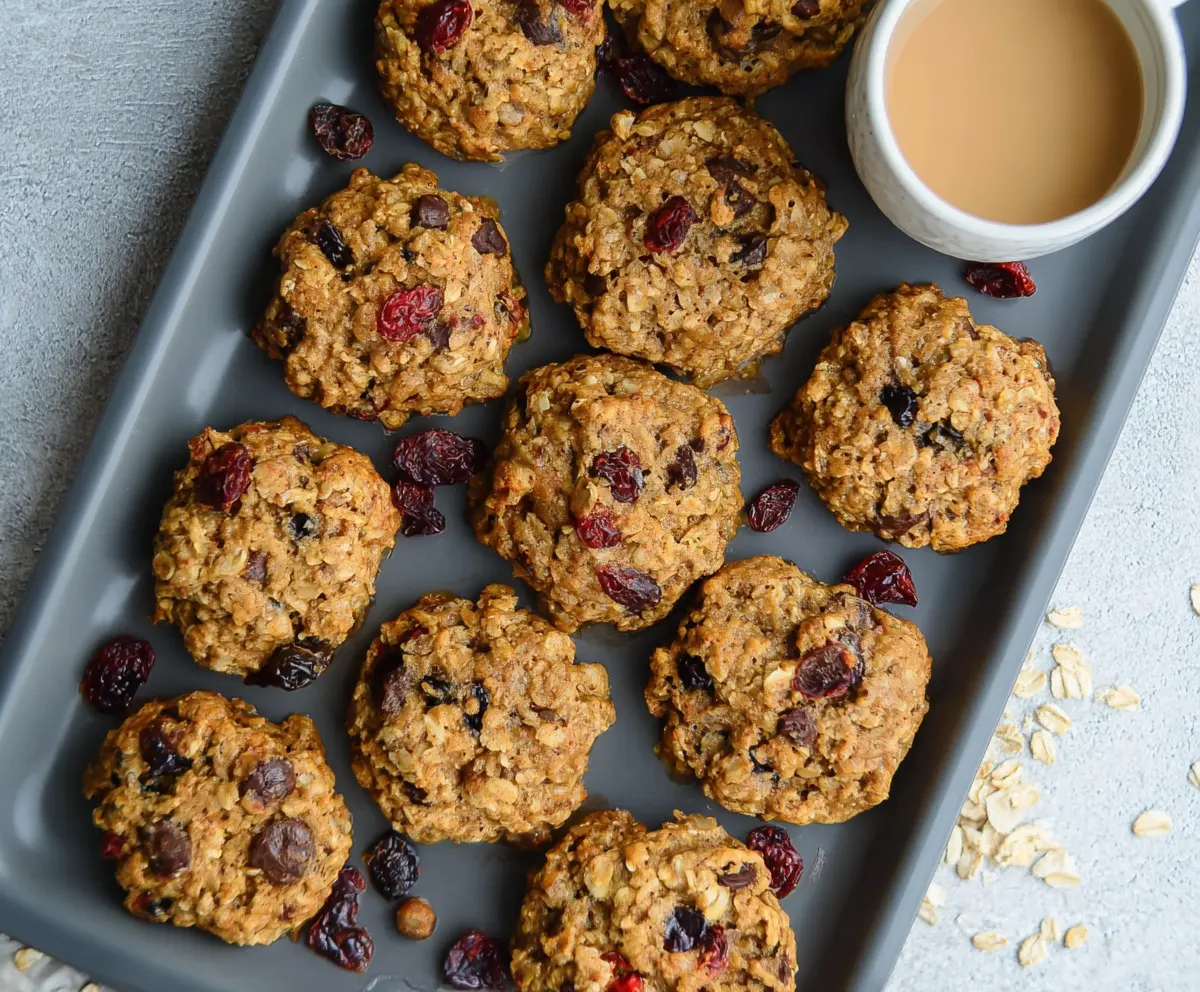 Healthy oatmeal breakfast cookies with fresh fruits and nuts on a rustic table.