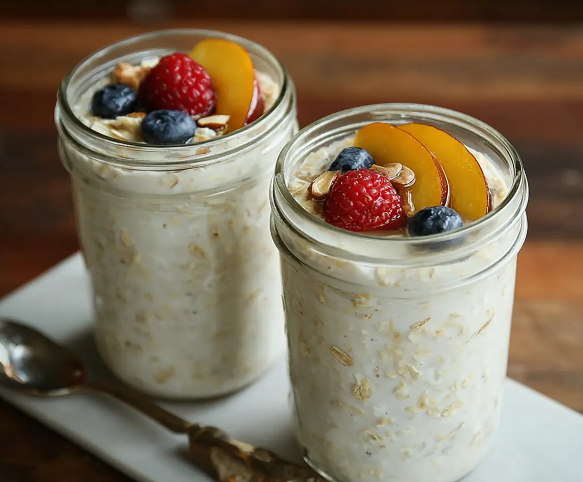 Healthy Honey Vanilla Overnight Oats in a glass jar with fresh fruit topping