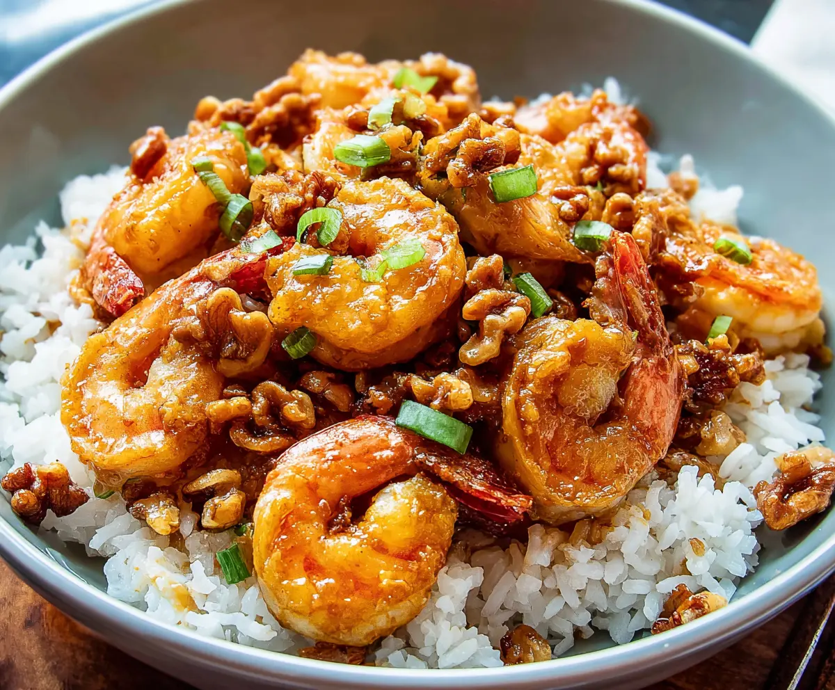 Delicious Honey Walnut Shrimp served on a white plate with crispy walnuts and sweet honey glaze.