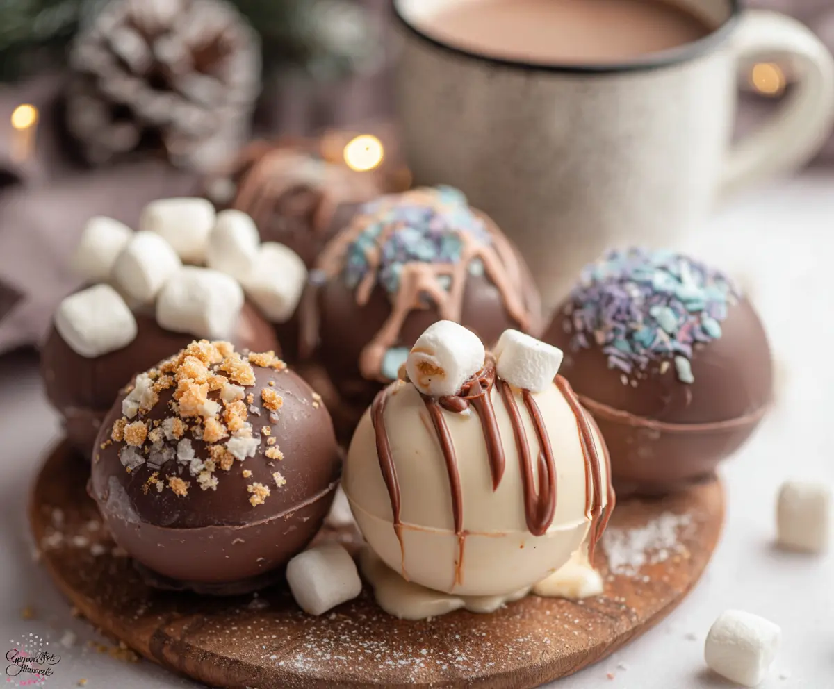 Delicious hot chocolate bombs with rich chocolate shells and marshmallow filling for a cozy treat.