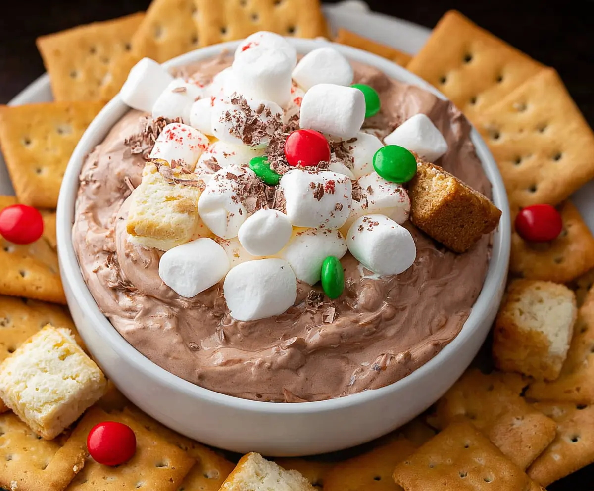 Delicious Hot Cocoa Dip served with marshmallows and cookies, perfect for winter treats.