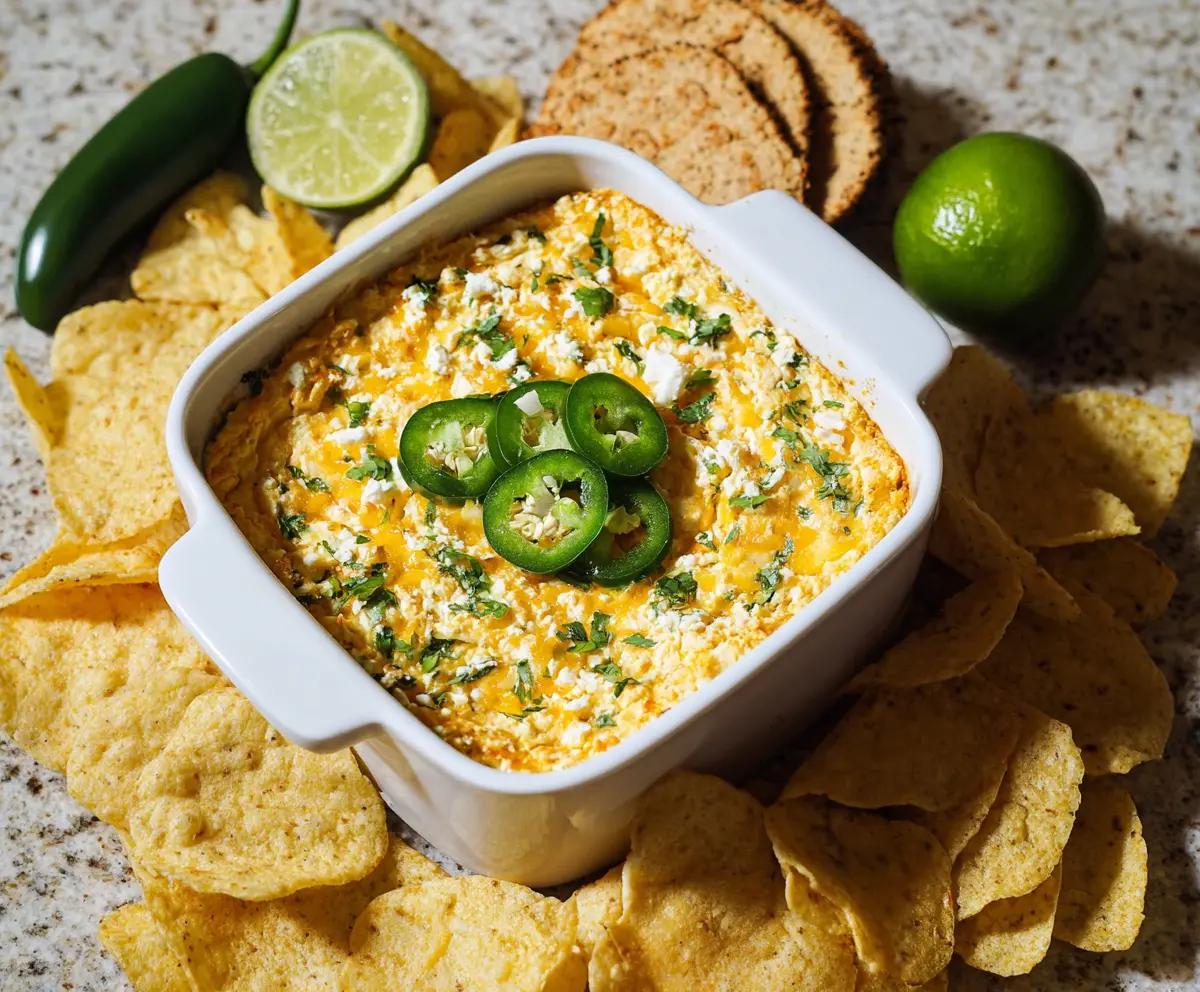 Creamy Jalapeno Popper Protein Dip garnished with chopped jalapenos and shredded cheese