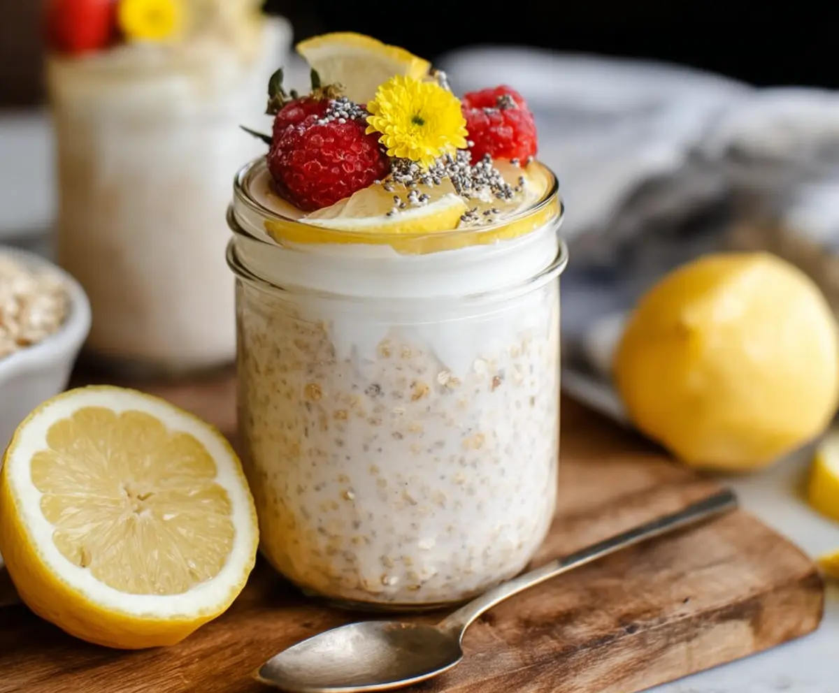 Creamy Lemon Cheesecake Overnight Oats in a glass jar topped with fresh lemon slices and blueberries.