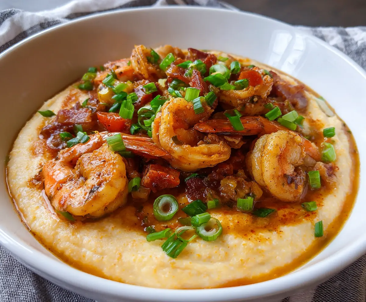 Delicious Louisiana Shrimp and Grits served in a rustic bowl, showcasing tender shrimp atop creamy grits with garnished herbs.