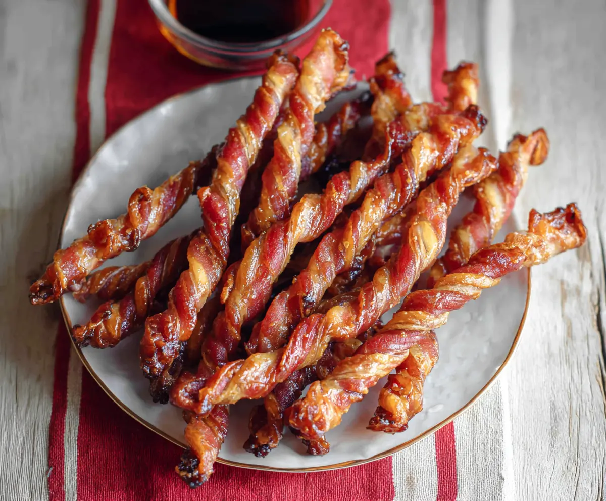 Delicious Maple Bacon Twists on a serving plate with crispy bacon and sweet maple glaze