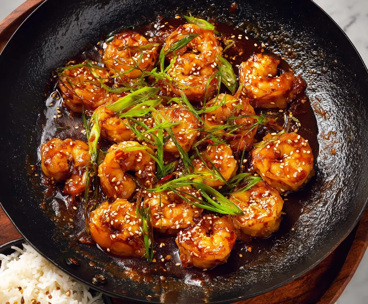 Delicious Mongolian Shrimp stir-fry with vibrant vegetables and savory sauce.