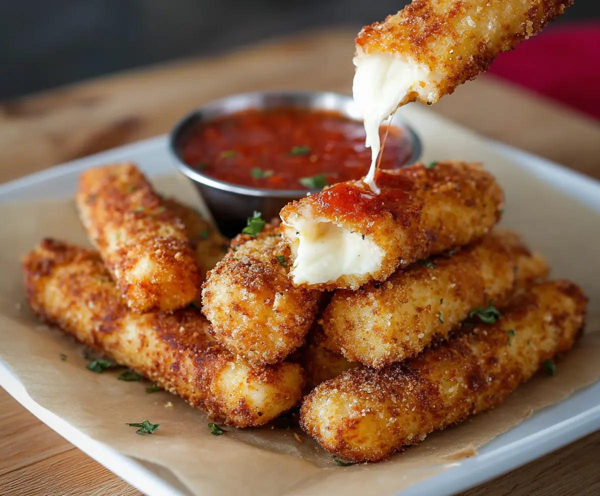 Golden crispy mozzarella sticks served with marinara sauce, perfect for snack or appetizer.