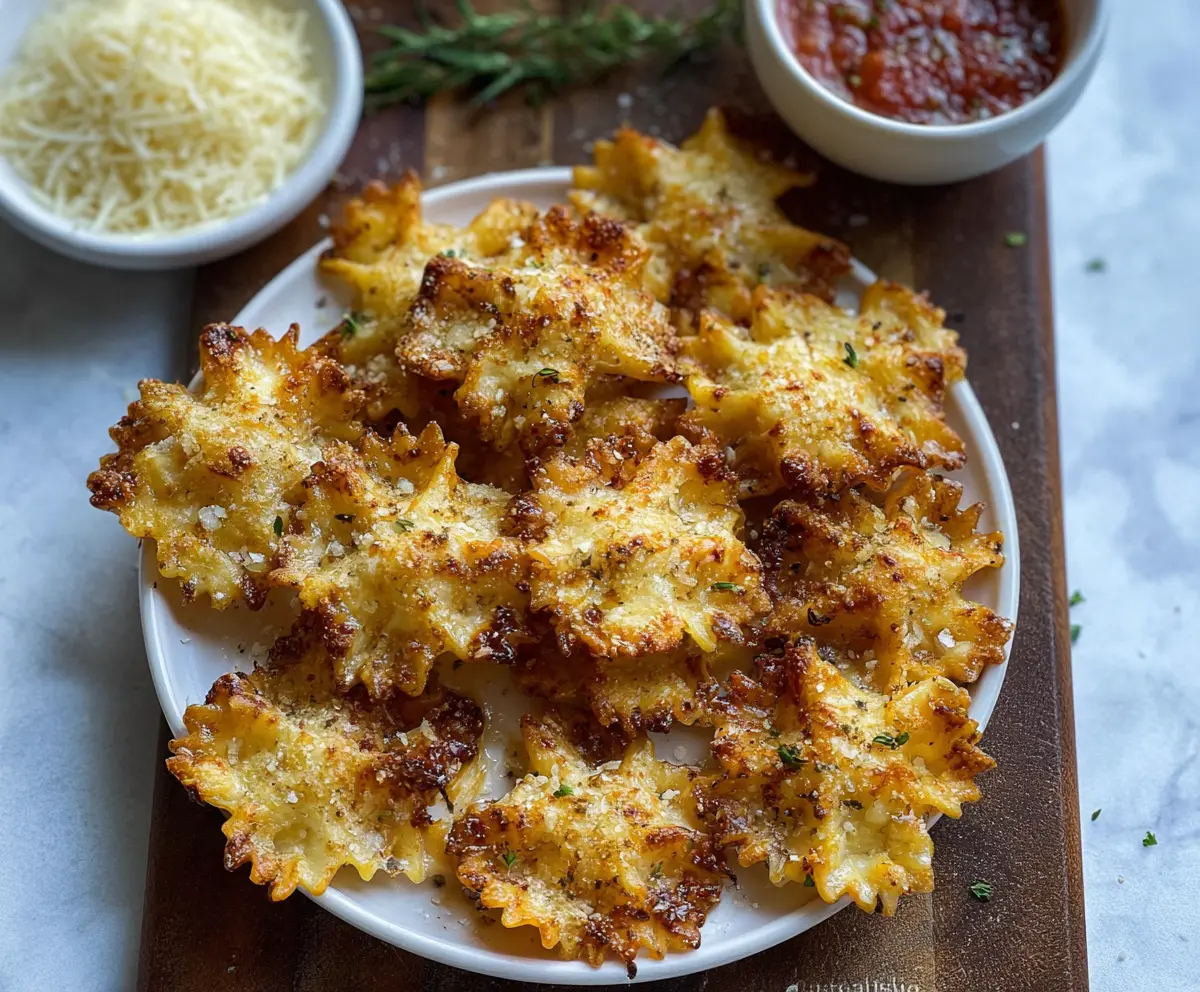 Oven baked cheesy pasta chips with melted cheese and crispy edges.