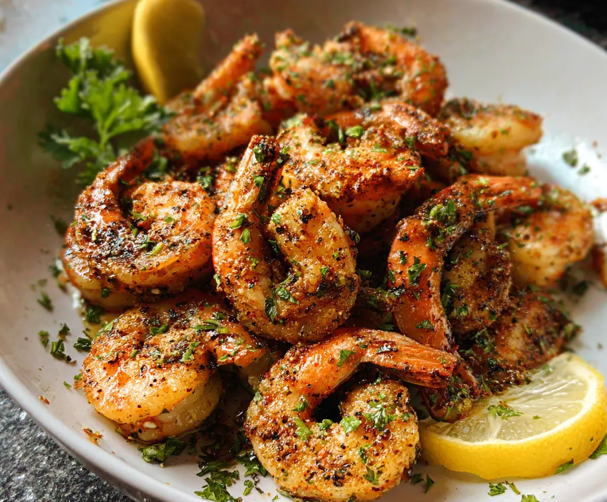 Delicious pan fried shrimp with golden crispy coating served on a white plate.
