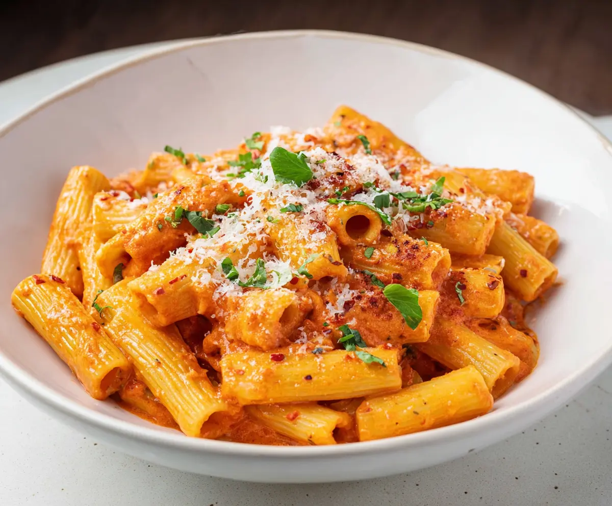 Creamy Pasta Alla Vodka with a rich tomato and vodka sauce topped with fresh basil.