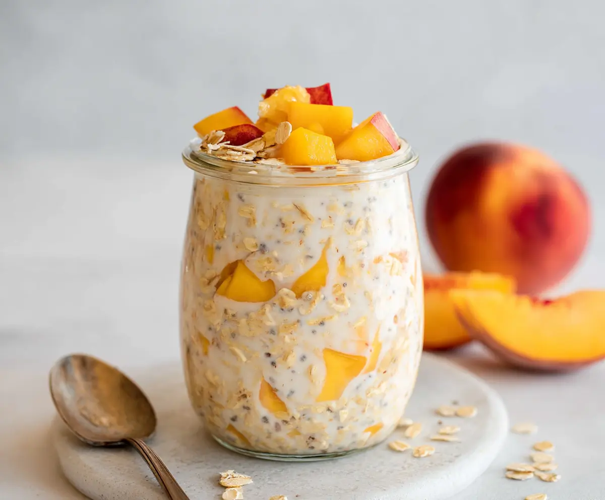 Creamy overnight oats topped with fresh peaches for a delicious breakfast.
