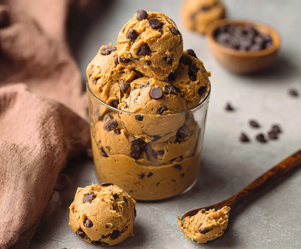 Healthy peanut butter chickpea protein cookie dough on a wooden table, perfect for fitness snacks.