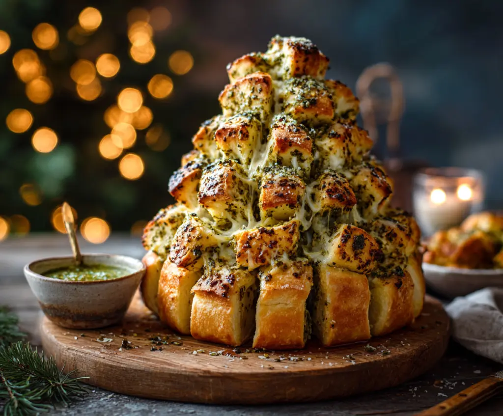 Festive pesto Christmas tree pull-apart bread decorated with fresh herbs for holiday celebration.