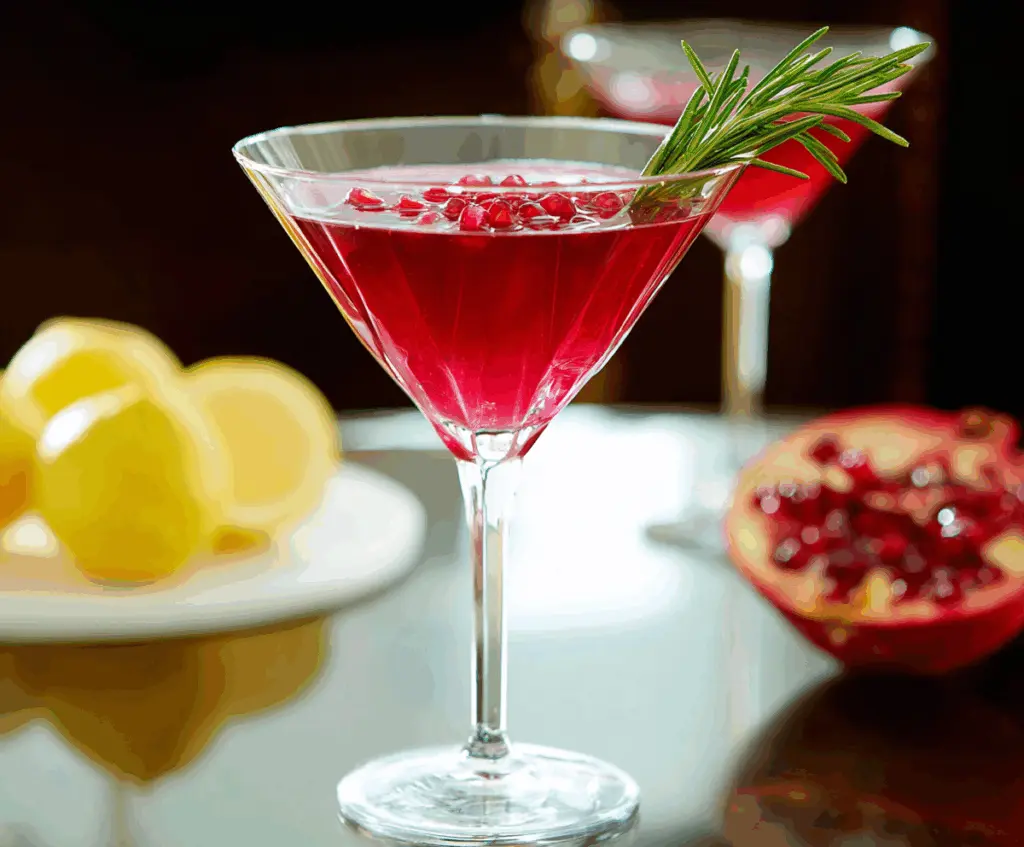 Elegant Pomegranate Martini cocktail garnished with fresh pomegranate seeds and a twist of lemon.