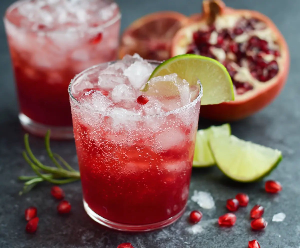 Refreshing Pomegranate Paloma cocktail with vibrant red pomegranate seeds and a salted rim in a clear glass.