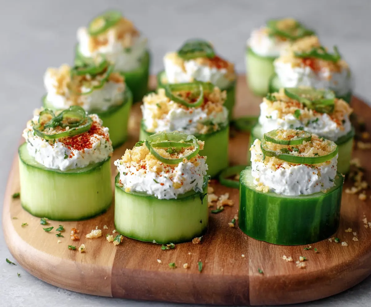 Delicious Ranch Cucumber Bites appetizer garnished with fresh herbs and creamy ranch dressing.