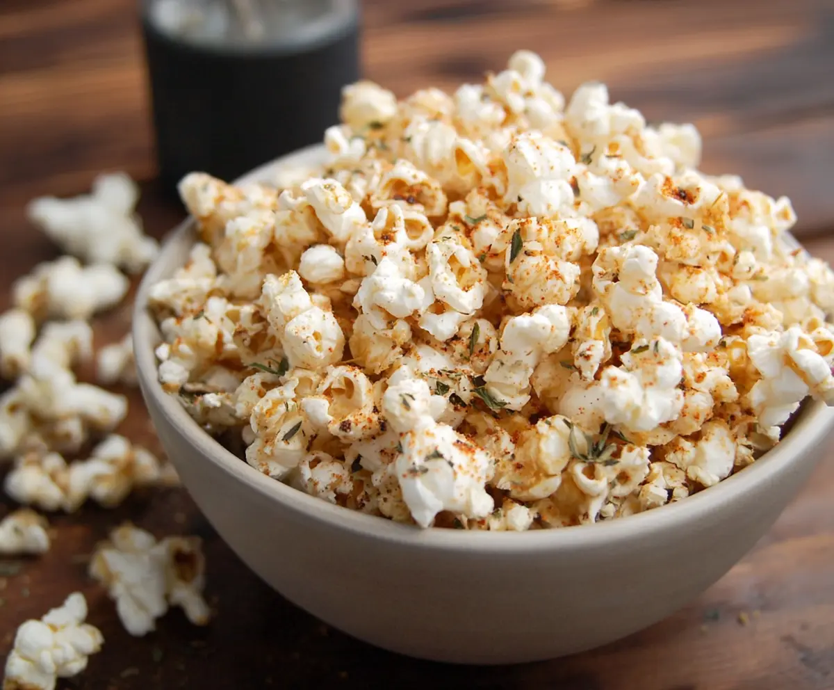 Golden roasted garlic parmesan popcorn in a bowl, perfect for snack lovers.