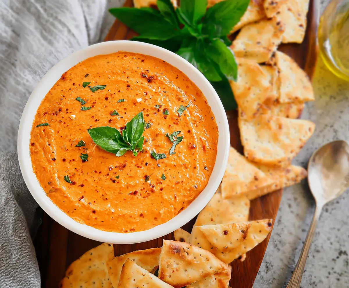 Delicious roasted red pepper dip served with fresh bread and vegetable sticks.