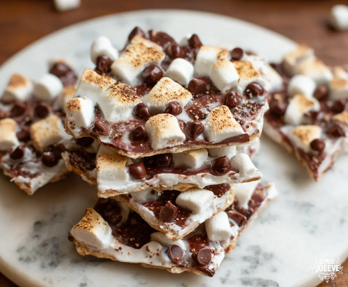 Delicious S’mores Yogurt Bark with marshmallows and chocolate chunks on a wooden tray